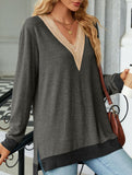 Lace V-neck slit loose long-sleeved T-shirt