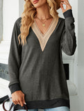 Lace V-neck slit loose long-sleeved T-shirt