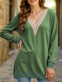 Lace V-neck slit loose long-sleeved T-shirt