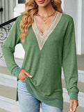 Lace V-neck slit loose long-sleeved T-shirt