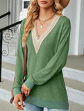 Lace V-neck slit loose long-sleeved T-shirt