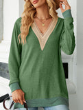 Lace V-neck slit loose long-sleeved T-shirt