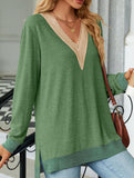 Lace V-neck slit loose long-sleeved T-shirt
