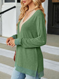 Lace V-neck slit loose long-sleeved T-shirt
