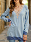 Lace V-neck slit loose long-sleeved T-shirt