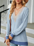 Lace V-neck slit loose long-sleeved T-shirt