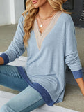 Lace V-neck slit loose long-sleeved T-shirt