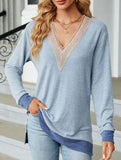 Lace V-neck slit loose long-sleeved T-shirt