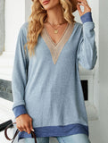 Lace V-neck slit loose long-sleeved T-shirt