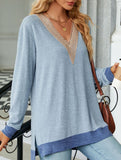 Lace V-neck slit loose long-sleeved T-shirt