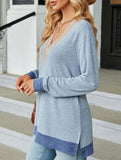 Lace V-neck slit loose long-sleeved T-shirt