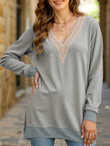 Lace V-neck slit loose long-sleeved T-shirt