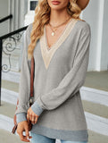 Lace V-neck slit loose long-sleeved T-shirt