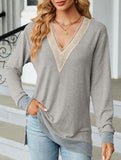 Lace V-neck slit loose long-sleeved T-shirt