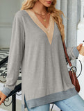 Lace V-neck slit loose long-sleeved T-shirt