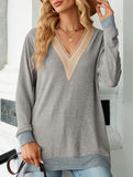 Lace V-neck slit loose long-sleeved T-shirt