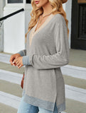 Lace V-neck slit loose long-sleeved T-shirt