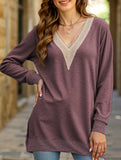 Lace V-neck slit loose long-sleeved T-shirt
