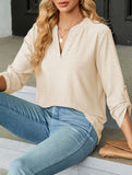 V-neck three-quarter sleeve button loose T-shirt