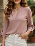 V-neck three-quarter sleeve button loose T-shirt