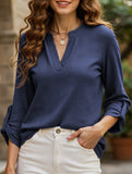 V-neck three-quarter sleeve button loose T-shirt