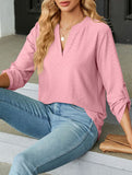 V-neck three-quarter sleeve button loose T-shirt