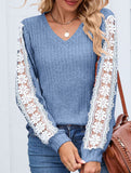 V-neck loose long-sleeved lace top