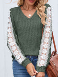 V-neck loose long-sleeved lace top