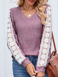 V-neck loose long-sleeved lace top