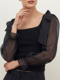 Square neck waist see-through long sleeve shirt