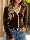 Retro V-neck lace-trimmed velvet shirt