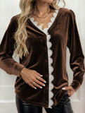 Retro V-neck lace-trimmed velvet shirt