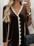 Retro V-neck lace-trimmed velvet shirt