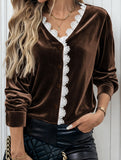 Retro V-neck lace-trimmed velvet shirt