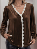 Retro V-neck lace-trimmed velvet shirt
