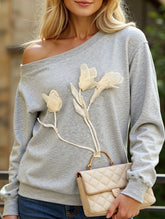 Versatile off-shoulder gray long-sleeved sweatshirt