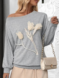Versatile off-shoulder gray long-sleeved sweatshirt