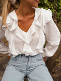 Pastoral style lace ruffle V-neck shirt