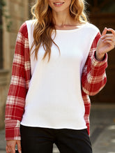 retro-style red and white plaid off-shoulder top