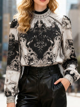 black and white palace style stand collar shirt