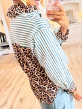 Leopard print patchwork cardigan striped shirt