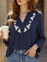 Embroidered V-neck long-sleeved casual shirt