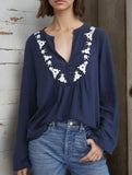 Embroidered V-neck long-sleeved casual shirt