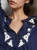 Embroidered V-neck long-sleeved casual shirt