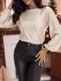 Round neck long-sleeved sequined open back shirt