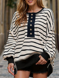 V-neck color-blocked striped loose shirt