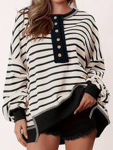 V-neck color-blocked striped loose shirt
