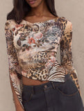 Off-the-shoulder floral print slit asymmetrical shirt