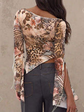 Off-the-shoulder floral print slit asymmetrical shirt