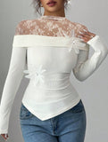 Stylish lace stand-up collar patchwork T-shirt